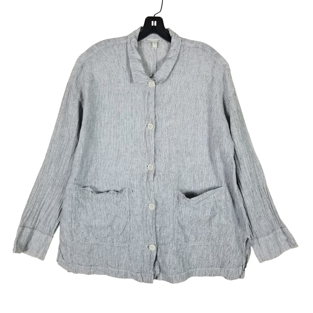 Eileen Fisher Jacket Women Small Gray Organic Linen Button Front Striped Pockets